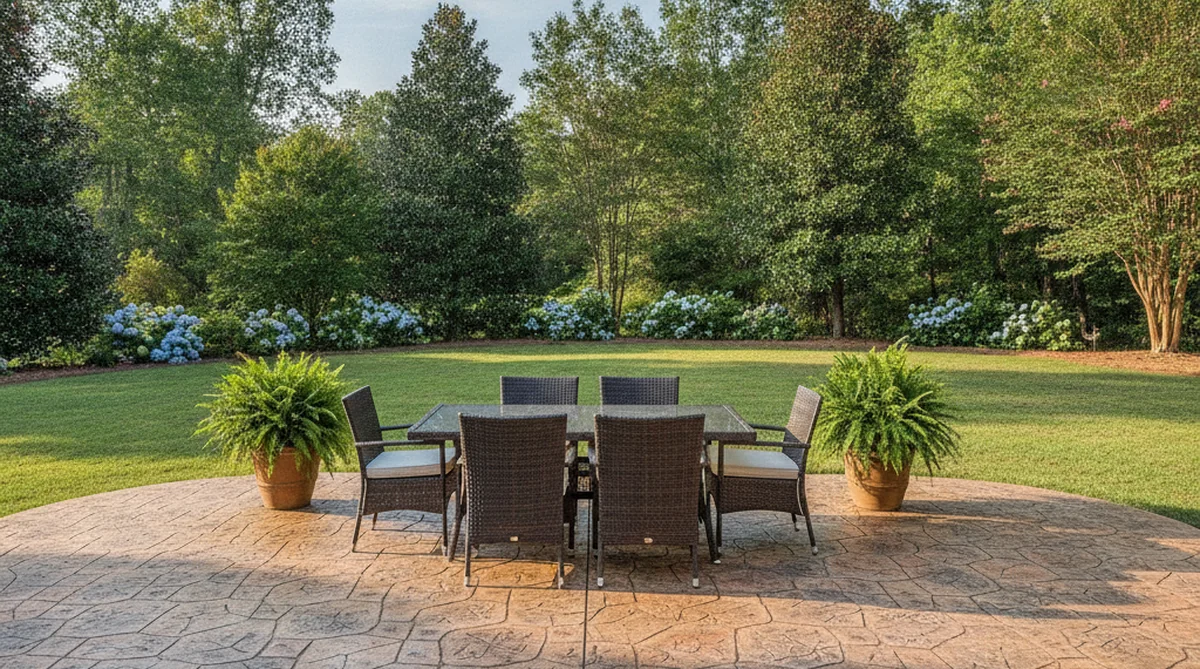 Stamped concrete patio in Norway SC residential backyard