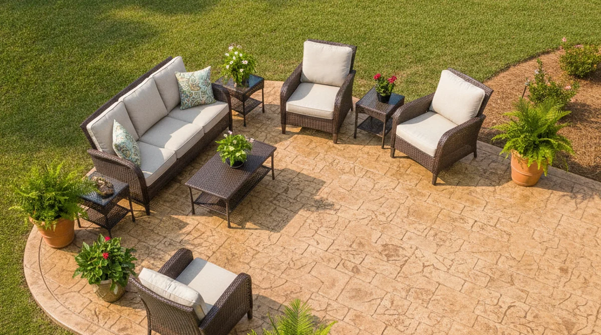Stamped concrete patio with cobblestone pattern in Sumter SC
